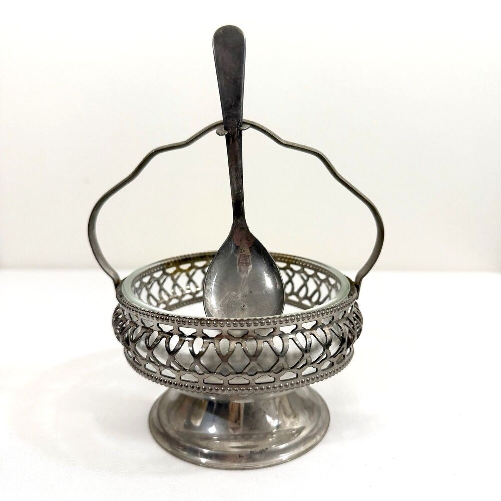 Vintage Sheffield Silverplate Jam Condiment Caddy with Glass Liner & Spoon